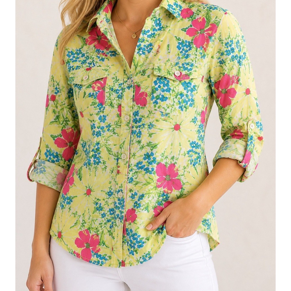 Lilly Pulitzer Button Down Shirt  S Pink Floral Long Sleeve Roll Tab Tropical